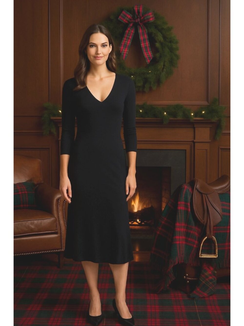 Ralph Lauren Black Label Double Black V Neck Midi dress size Medium Quiet Luxury